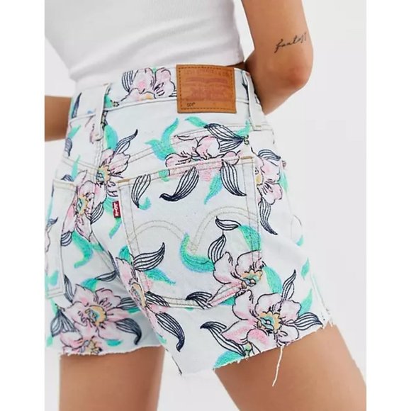 UNIQUE! LEVI'S 501 Embroidered Button Fly Cut-off Floral Denim Shorts - Picture 1 of 15